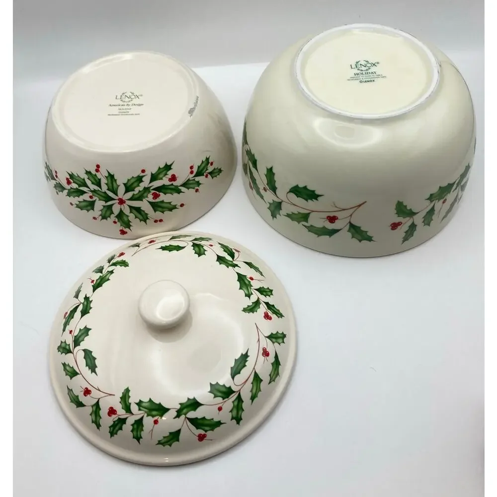 Lenox Holiday Holly Berry Medium Serving Bowl and Small Bowl with Lid *READ*